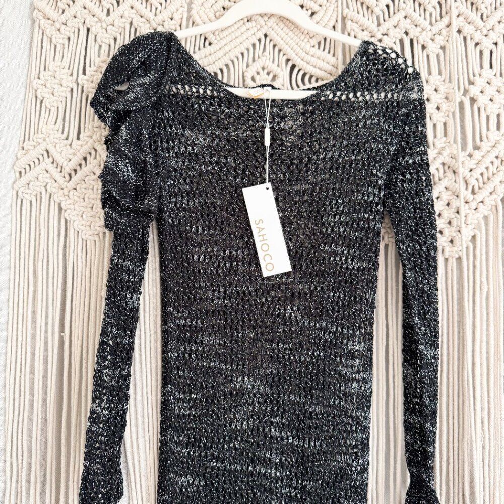 Sahoco Black Silver Metallic open Knit Long Sleeve Dress Women’s Medium - Picture 2 of 9